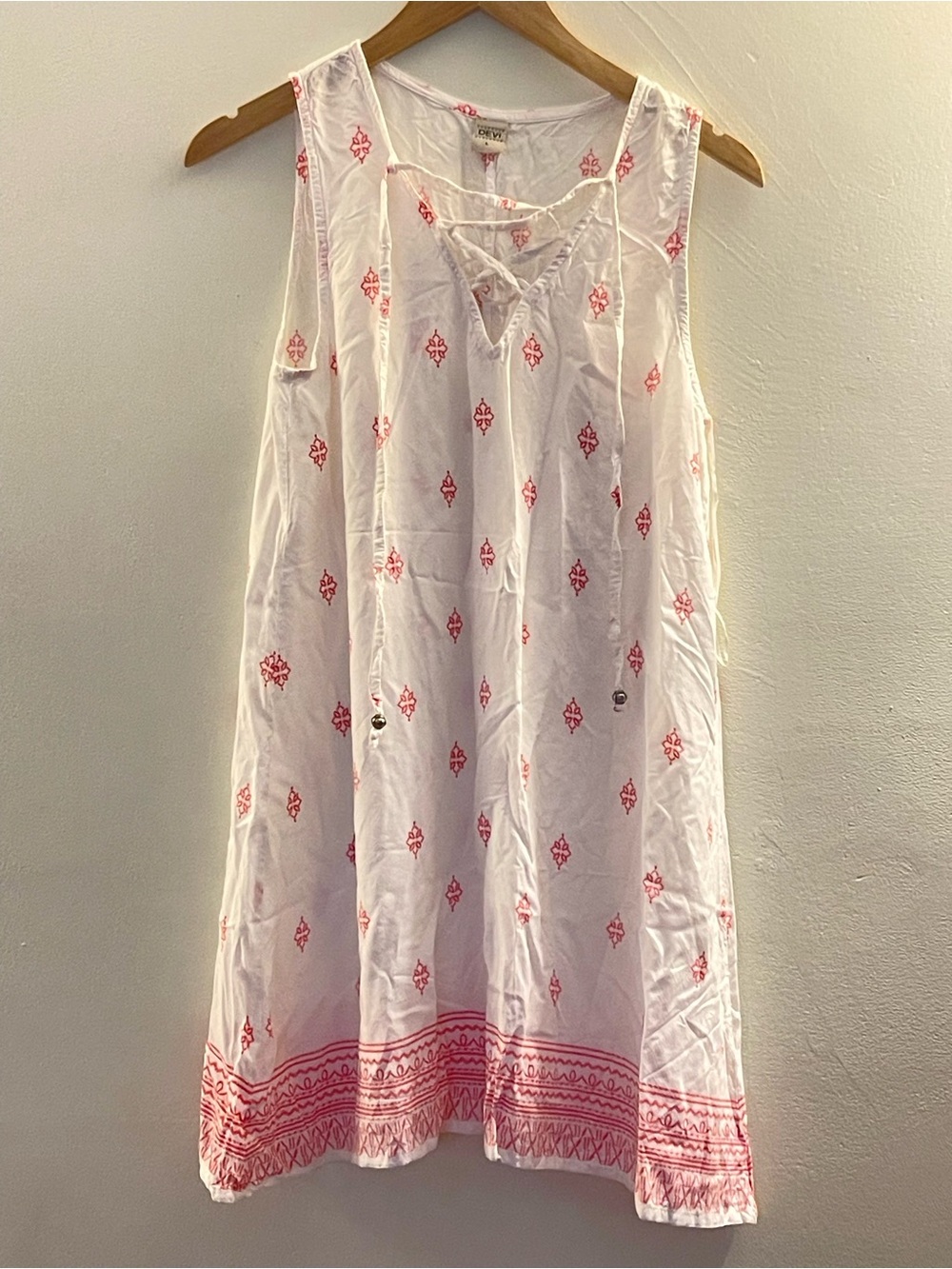 Devi White Midi Dress with Pink Printed Embroidery